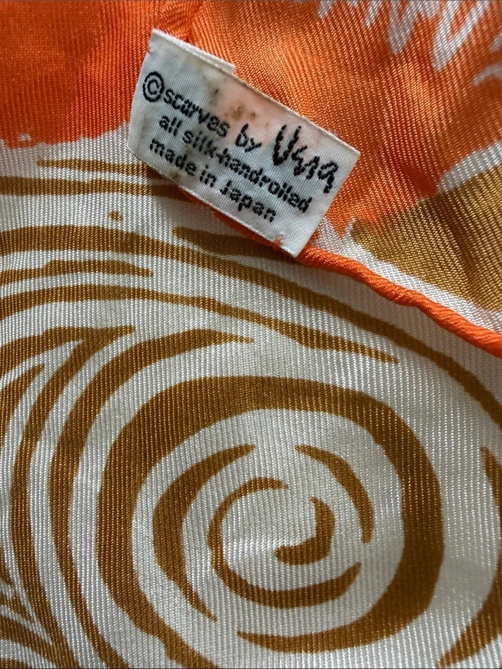 Vera Vintage Silk Scarf Orange Ribbon Rays Gold Swirl Print 26” Square